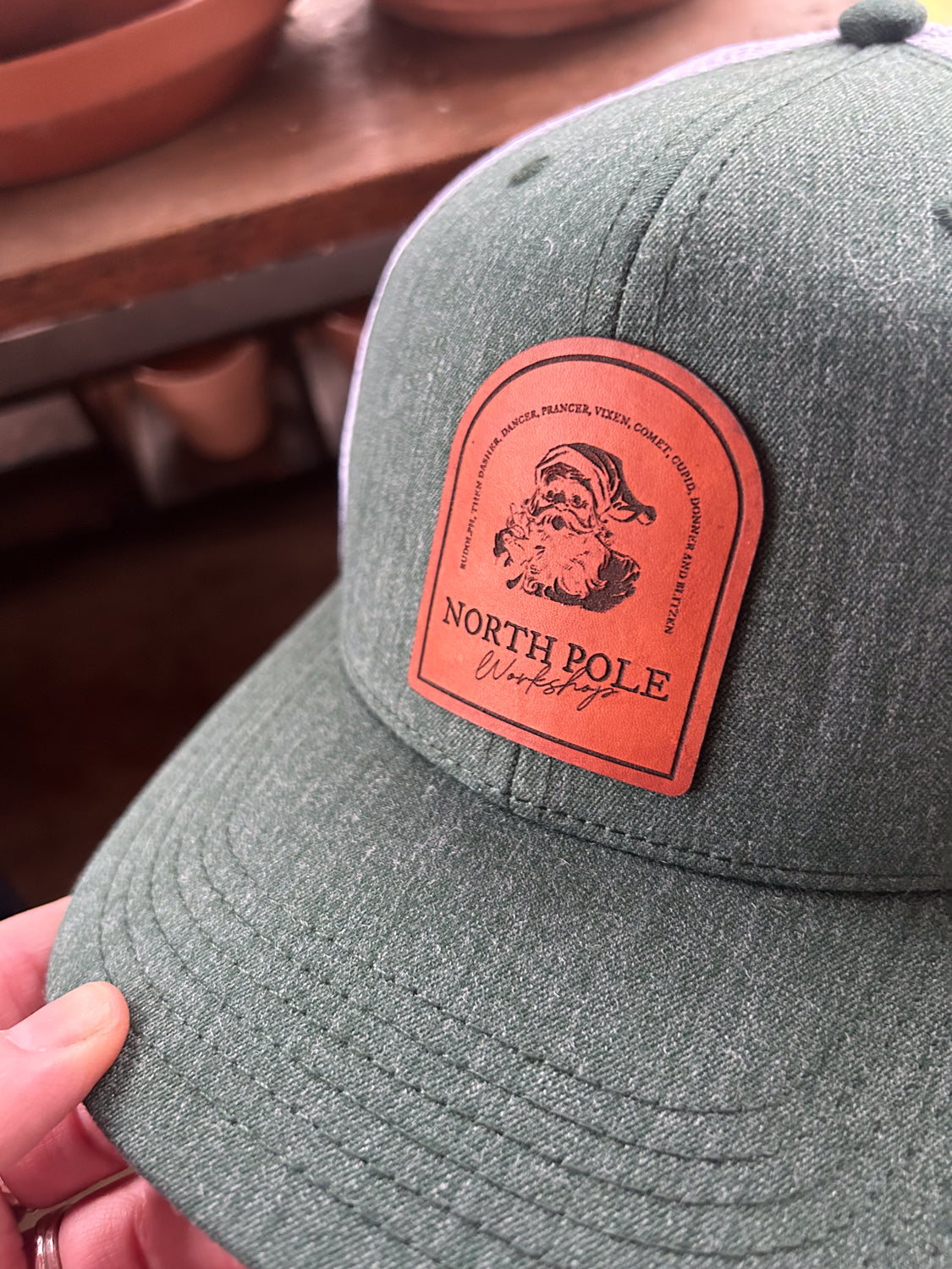 Santa's Workshop Leather Patch Hat - Green/White Trucker