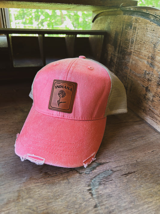 Indiana Peony Stamp Leather Patch Hat
