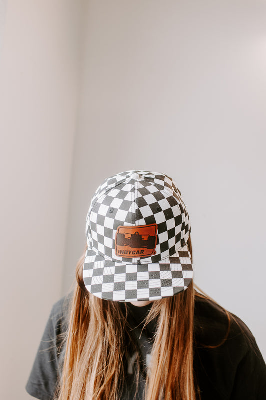 Indy Car Logo Leather Patch on Checkered Flatbill Hat