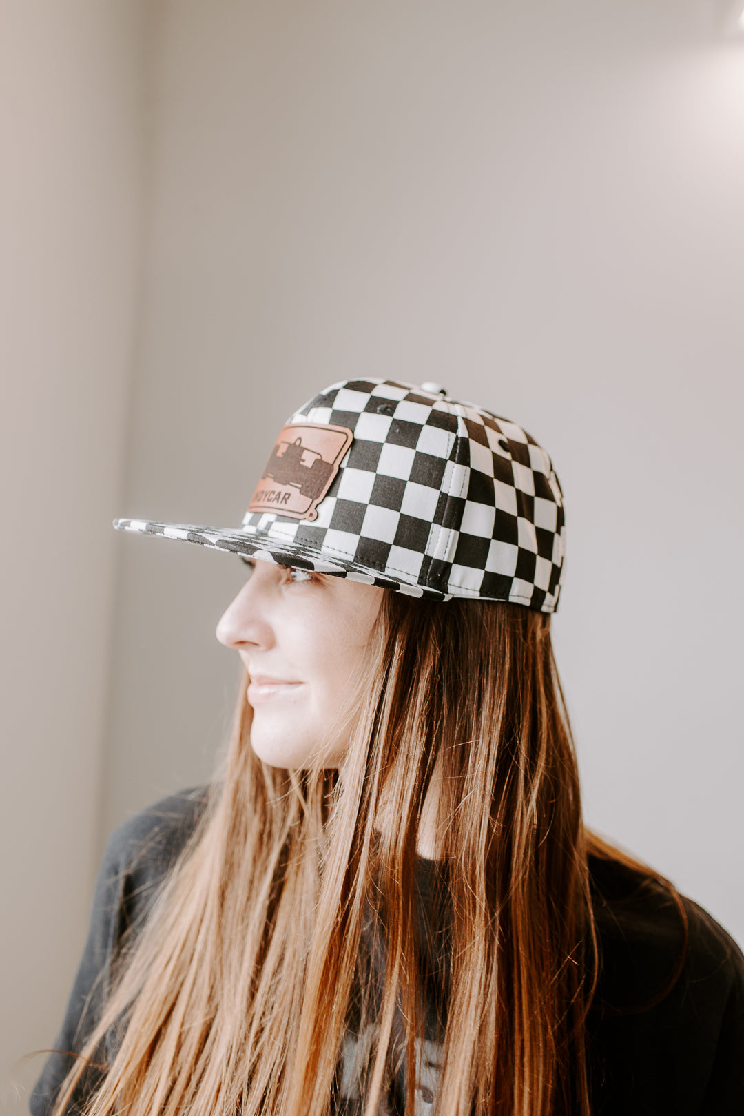 Indy Car Logo Leather Patch on Checkered Flatbill Hat