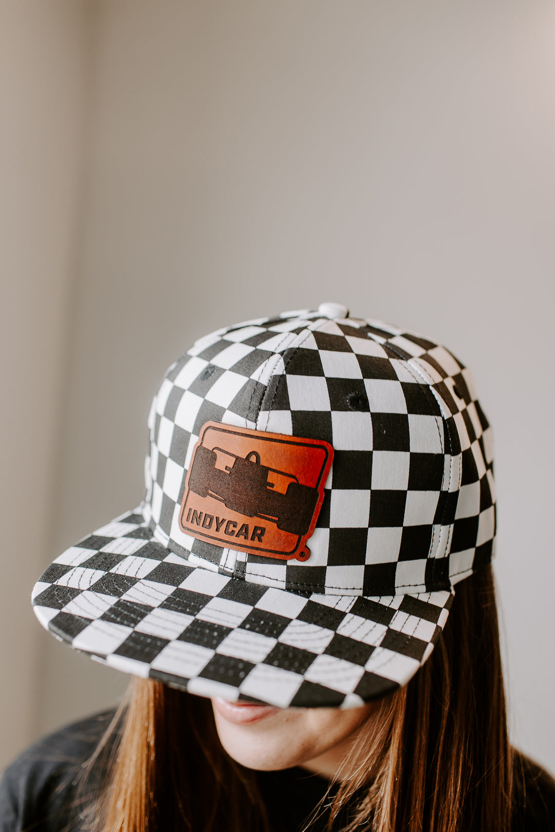 Indy Car Logo Leather Patch on Checkered Flatbill Hat
