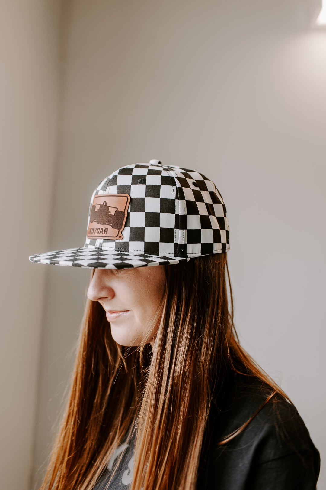 Indy Car Logo Leather Patch on Checkered Flatbill Hat