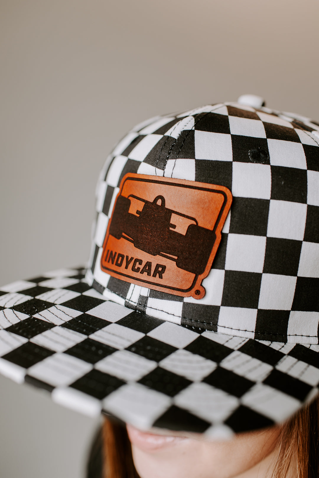 Indy Car Logo Leather Patch on Checkered Flatbill Hat
