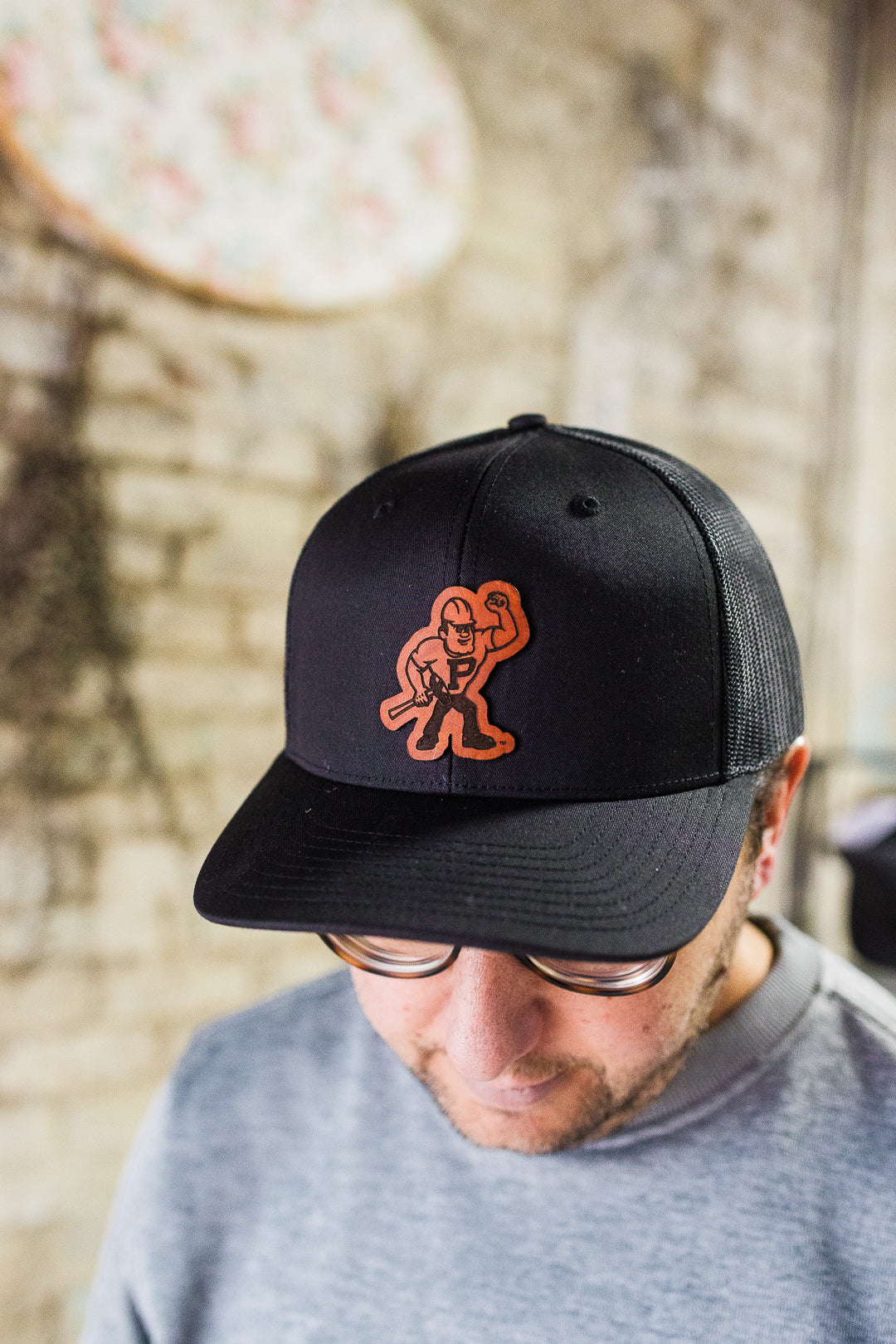 Purdue Pete Leather Patch Hat on Richardson 112