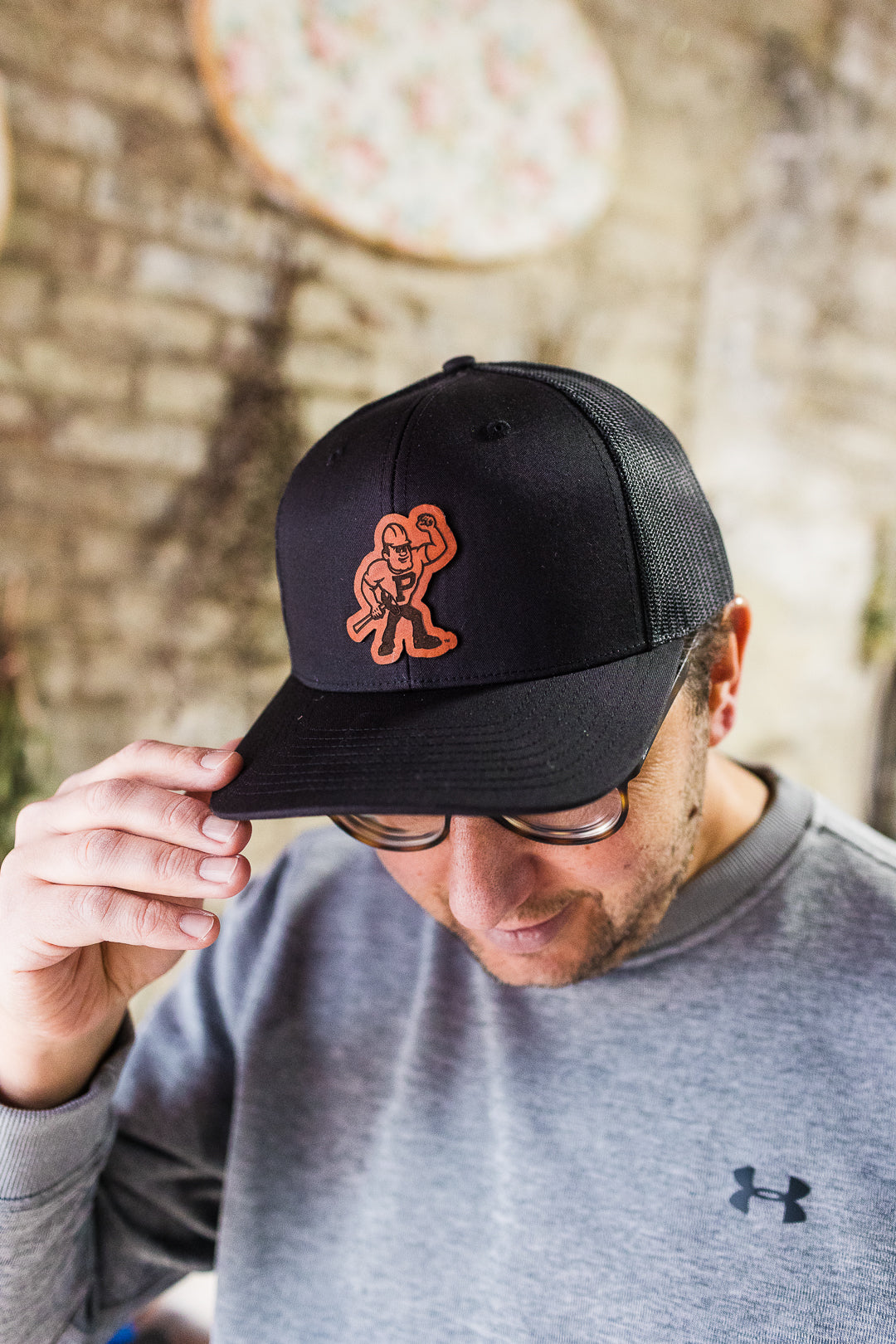 Purdue Pete Leather Patch Hat on Richardson 112