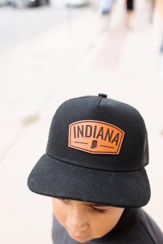 Indiana Arch Leather Patch on Black Trucker Hat