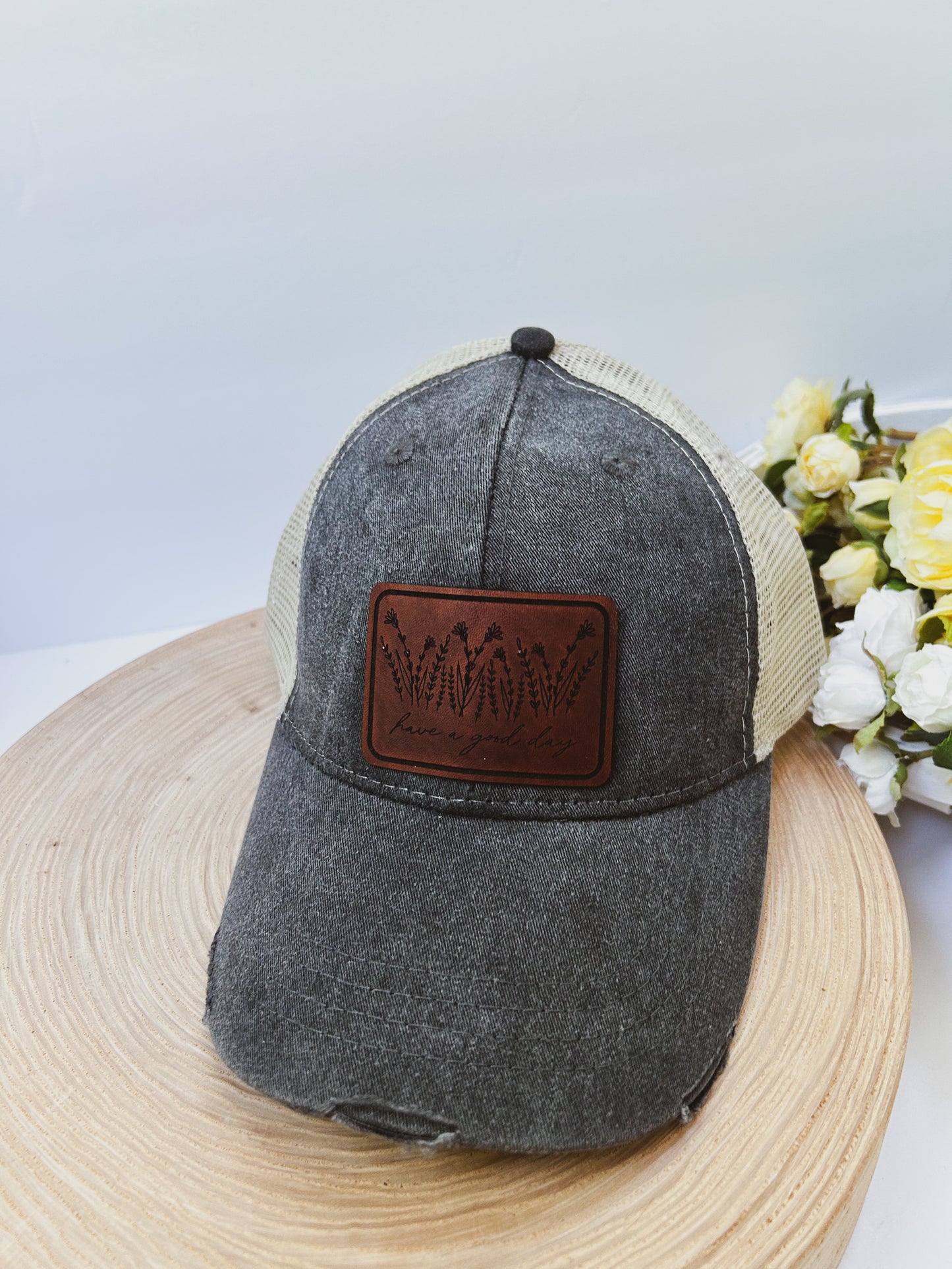 Have A Good Day Wildflower Leather Patch on Distressed Charcoal Black Hat
