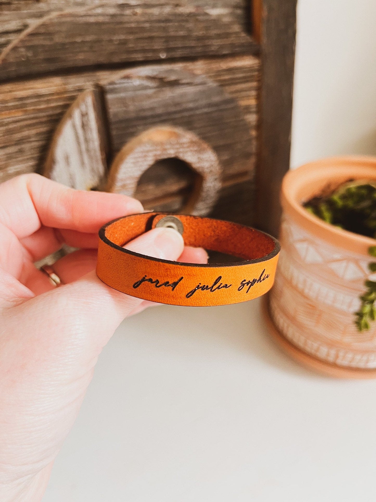 Custom Leather Cuff Bracelet with Kids’ Names